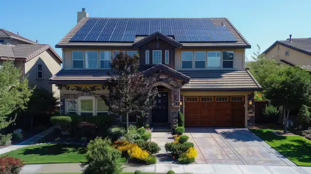 A two-story home with solar panels across its roof under a clear blue sky